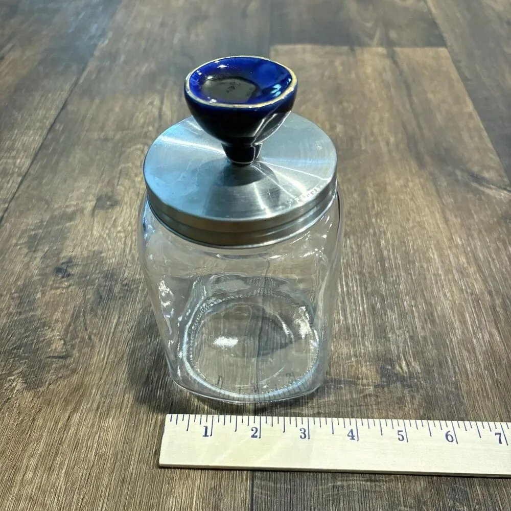Glass Storage Canister Blue Porcelain Knob Stainless Lid Kitchen Counter Jar